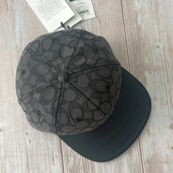New, Authentic COACH Signature Jacquard Flat Brim Hat Black Signature Canvas